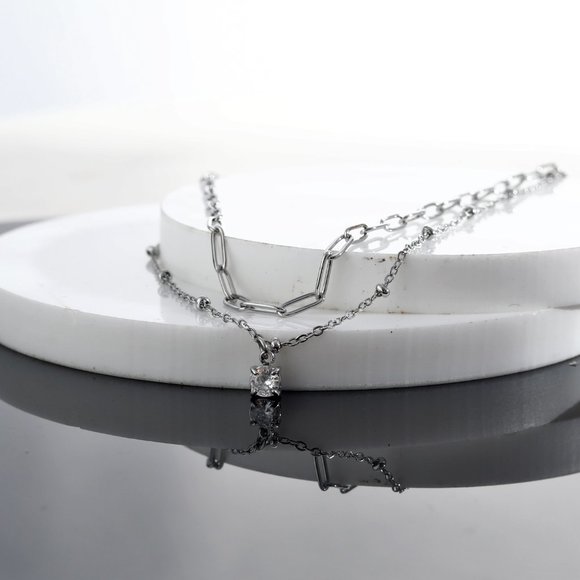 Pre-Layered Chains Silver Necklace with Zirconia Charm. - Picture 6 of 8